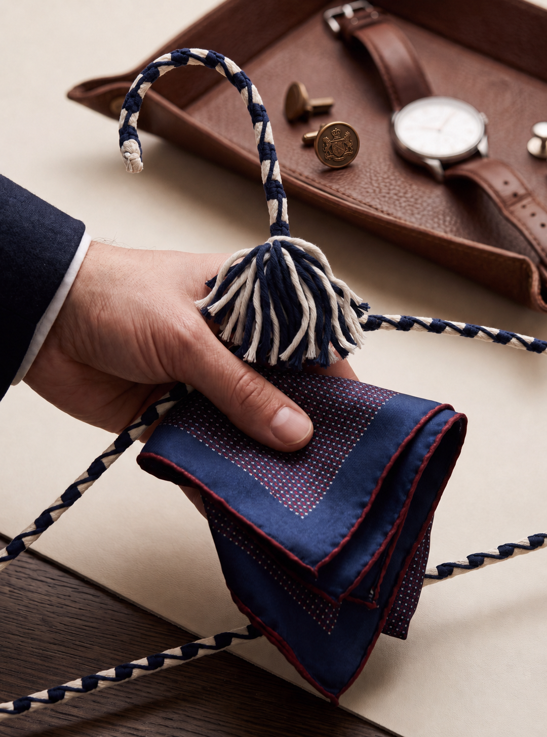 Regal Heritage hand-knotted cotton hanger styled with navy fabric and tailored accessories