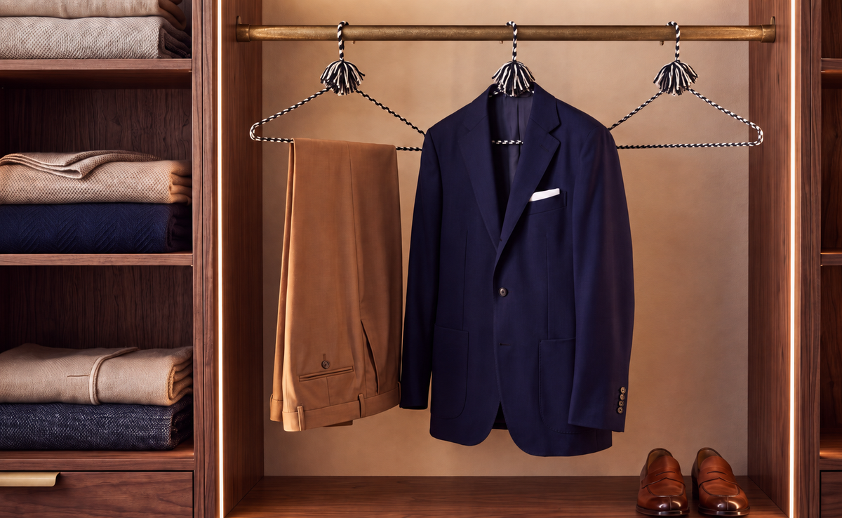 Regal Heritage hand-knotted cotton hanger holding a navy jacket in a refined wood wardrobe