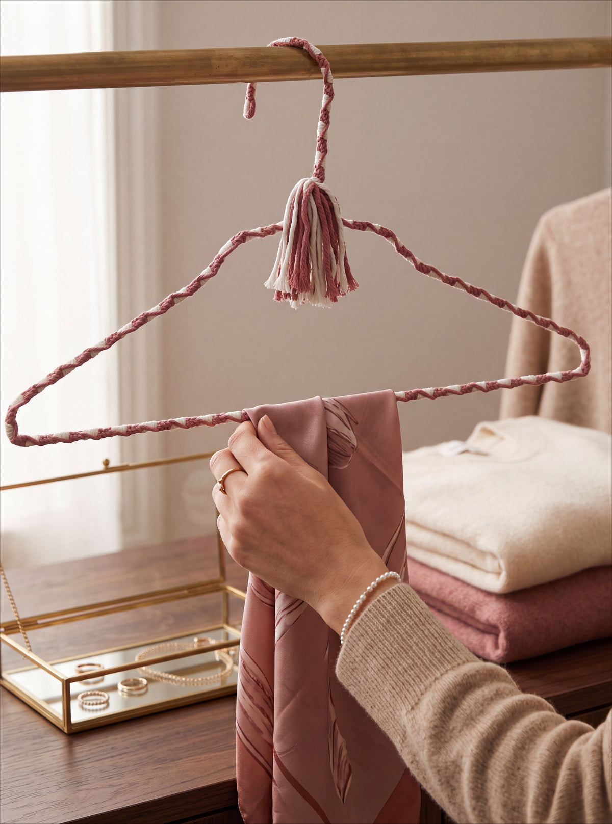 Blush Cameo hand-knotted cotton hanger styled with soft rose clothing and neutral linens