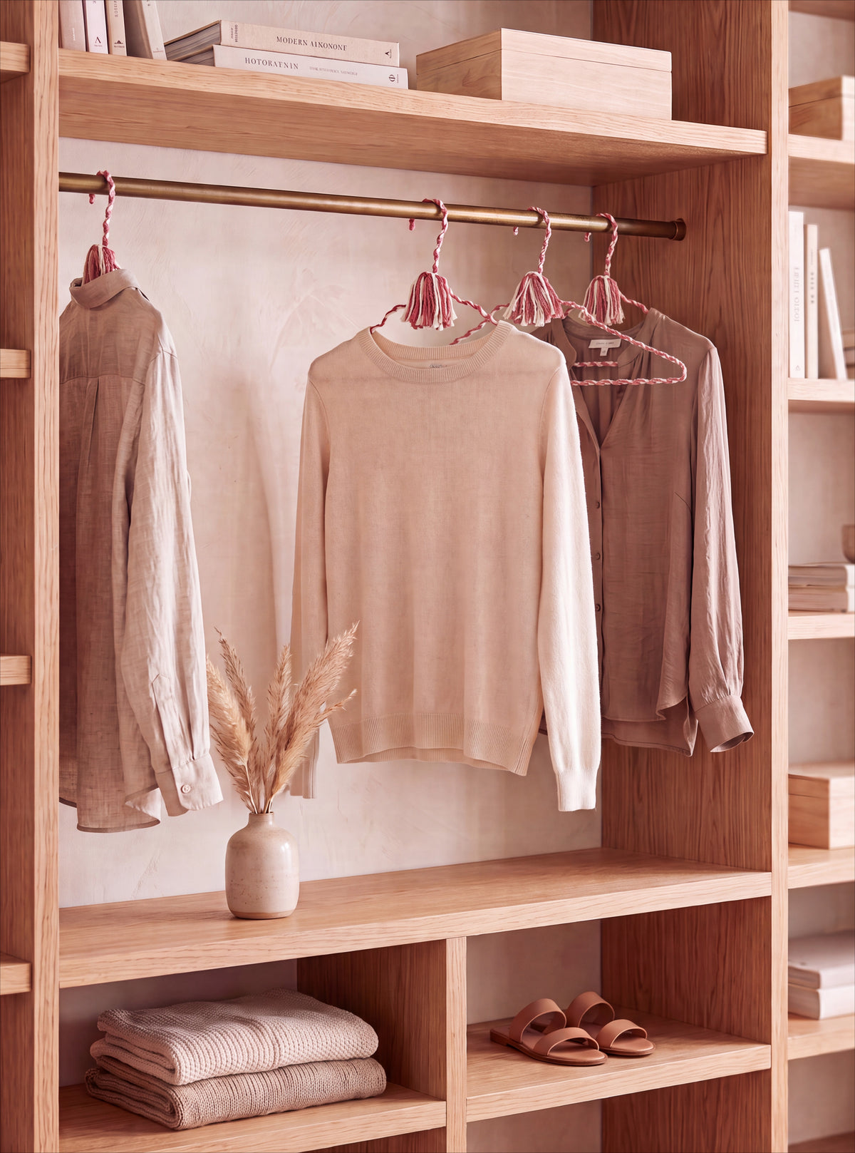 Blush Cameo hand-knotted cotton hangers displaying blush garments in a refined wardrobe