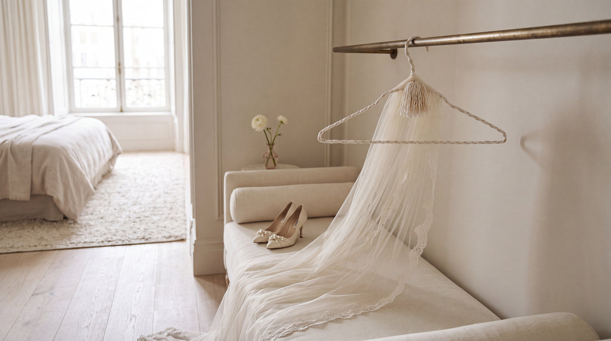 Bridal Veil soft ivory hand-knotted cotton hanger in an elegant neutral bedroom