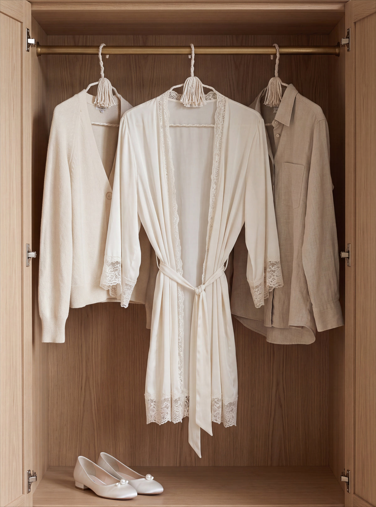 Bridal Veil hand-knotted cotton hangers holding white garments in an elegant wardrobe