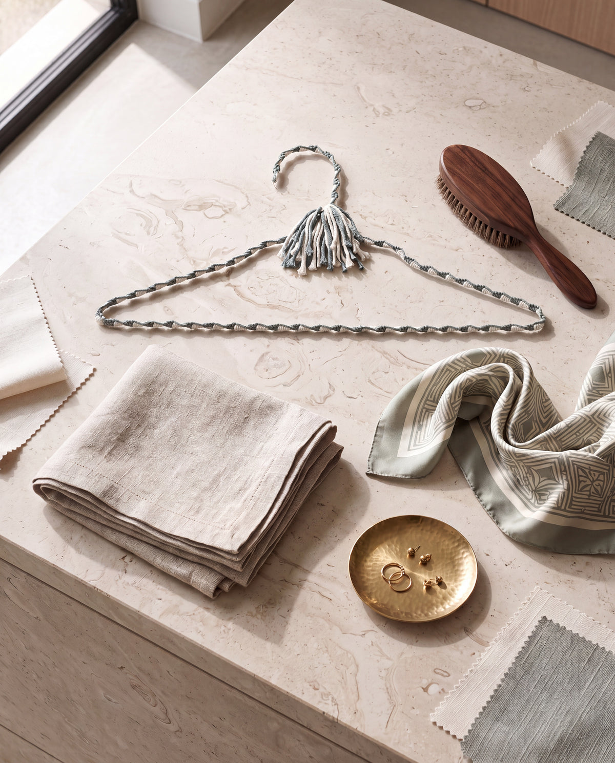 Coastal Spa cotton hanger styled with folded linens and elegant self-care accessories