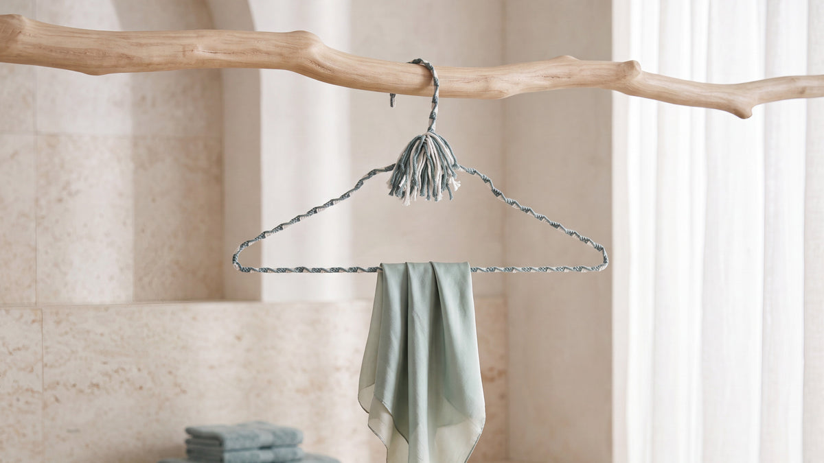 Coastal Spa blue-green and ivory hand-knotted cotton hanger in a serene neutral closet
