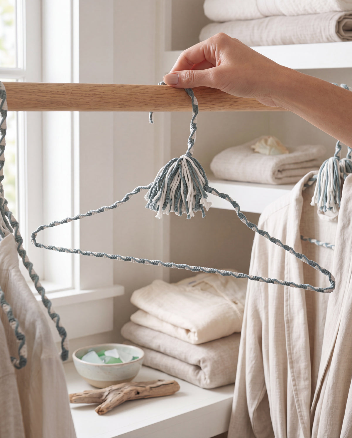 Coastal Spa hand-knotted cotton hanger styled with soft blue-green garments and linens