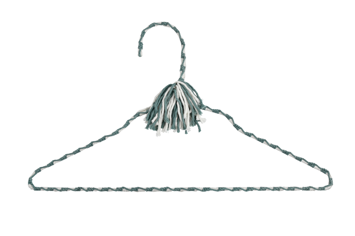 Coastal Spa blue-green and ivory hand-knotted cotton hanger on a white background