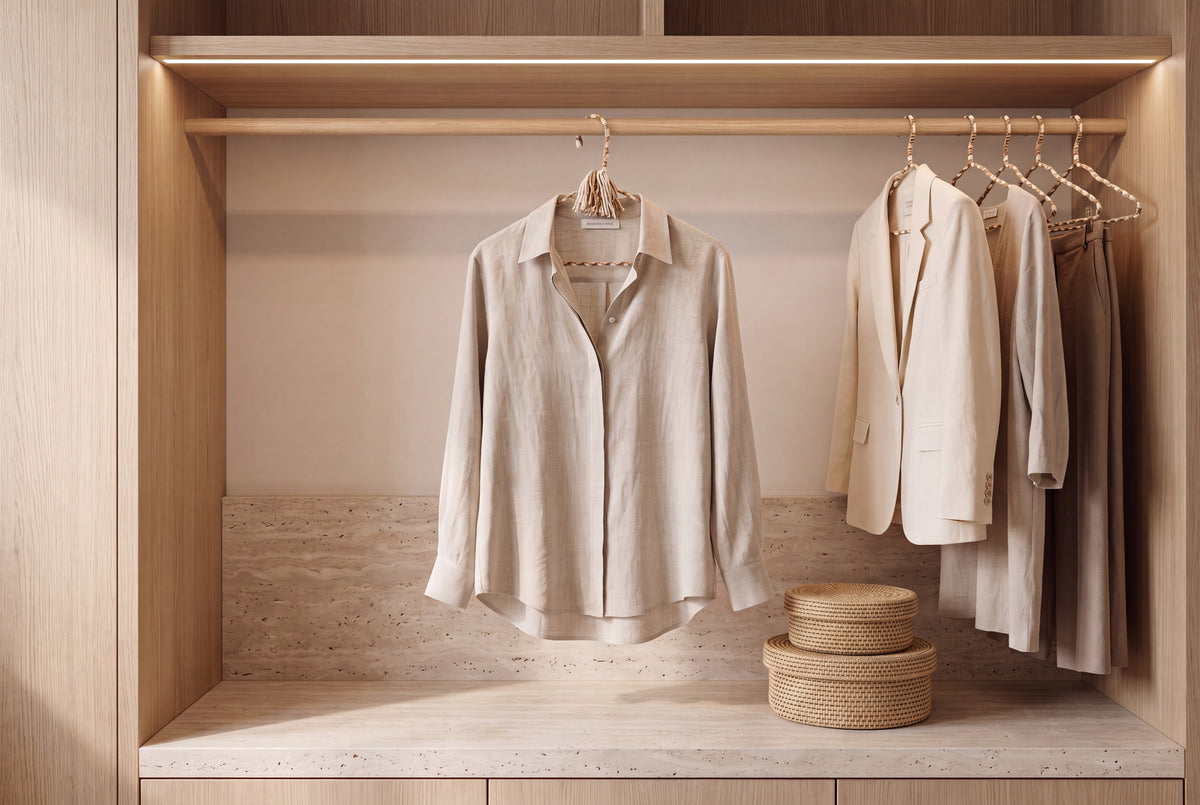 Natural Linen hand-knotted cotton hangers holding cream garments in a refined wardrobe