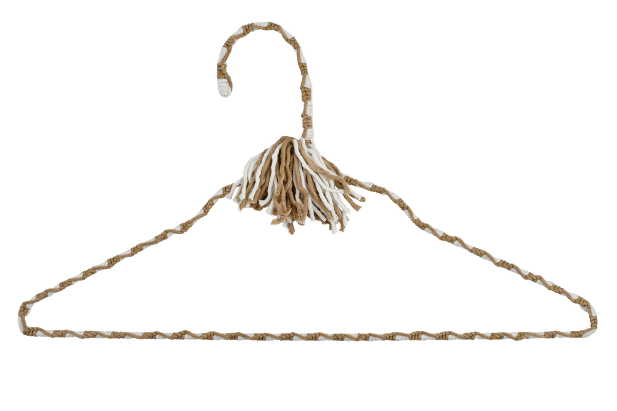 Natural Linen cream-and-sand hand-knotted cotton hanger on a white background