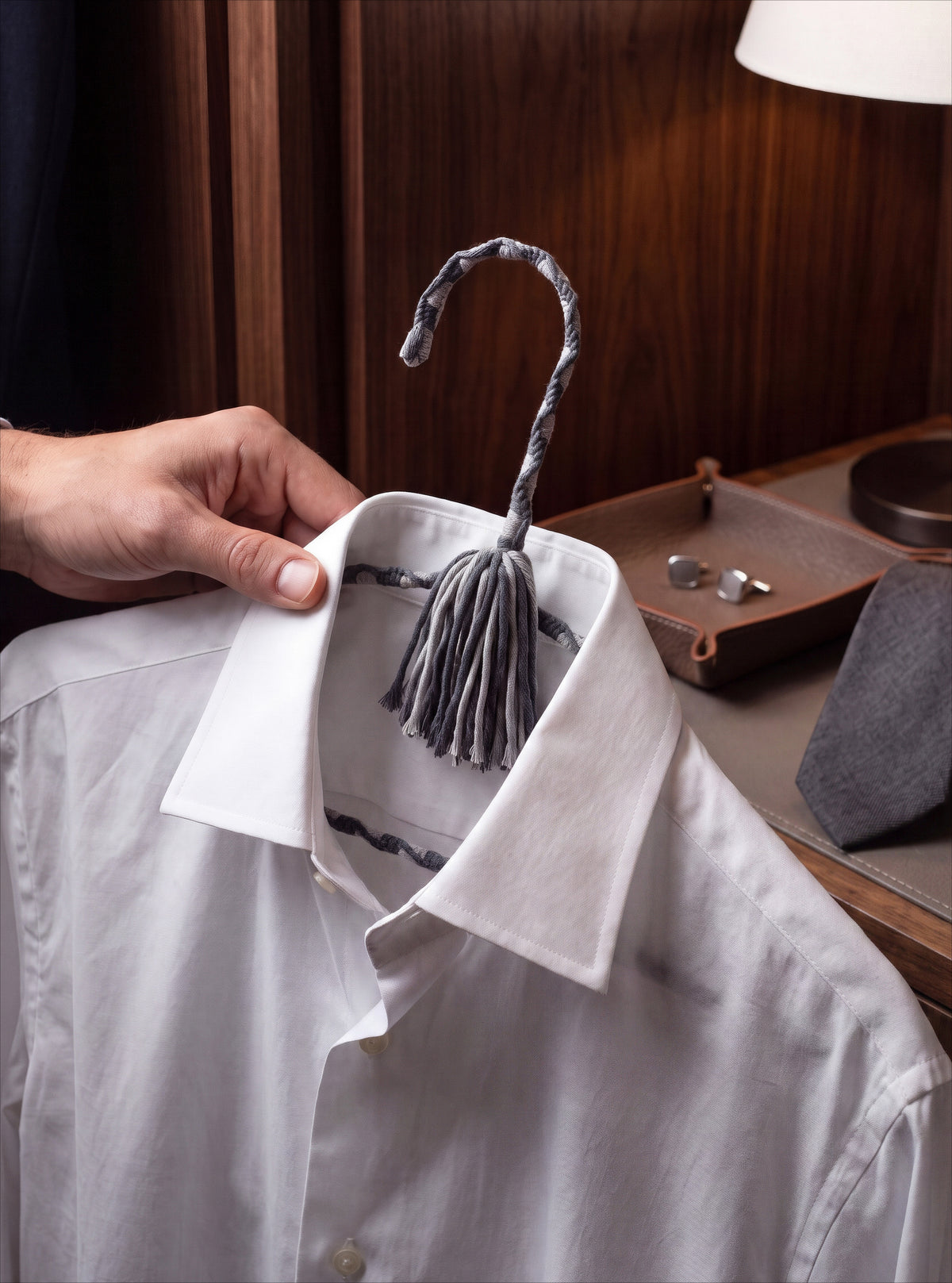 Tailored Slate hand-knotted cotton hanger holding a tailored white shirt